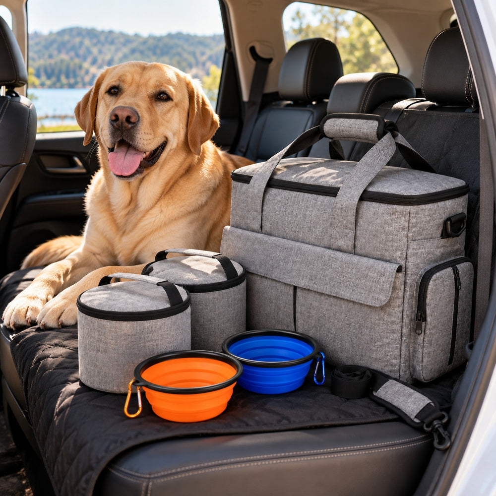 Labrador sitting beside the grey PupPack dog travel bag