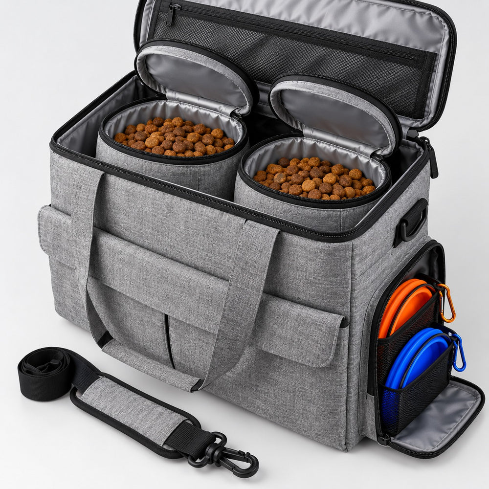 PupPack travel bag open, showing kibble in the lined food carriers and the collapsible bowls