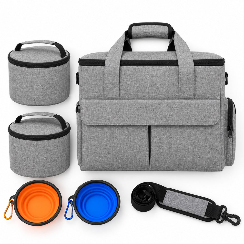 The complete PupPack set — travel bag, two collapsible bowls and two lined food carriers