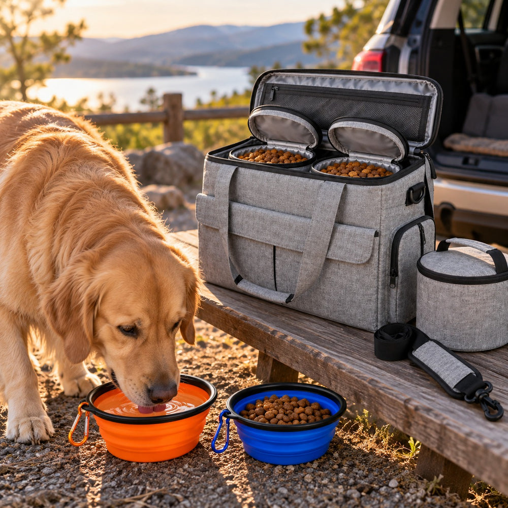 PupPack travel bag in use at a rest stop on a road trip