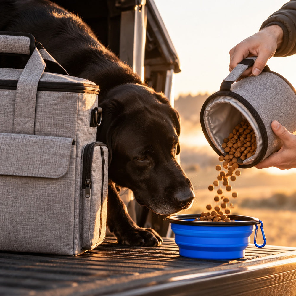 Feeding a dog from the PupPack collapsible bowls at an open tailgate