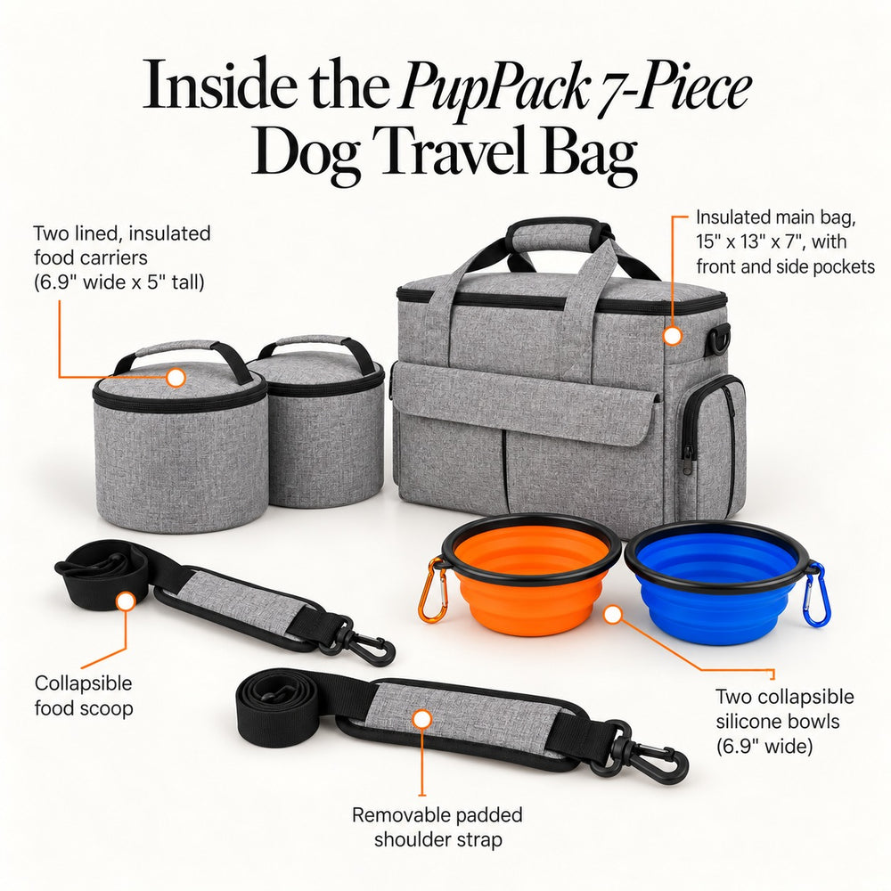 Diagram of what is inside the PupPack dog travel bag
