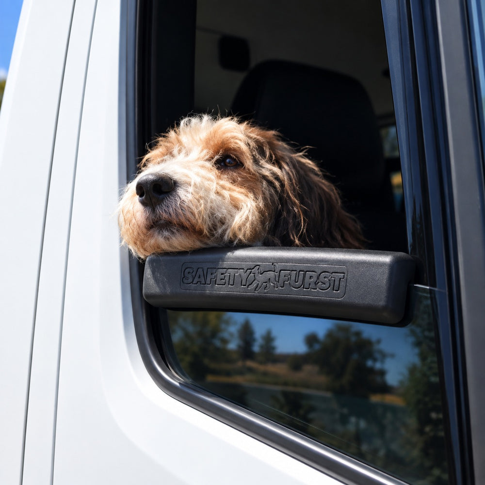 Dog resting its chin on the PupRest cushion clipped to a car window