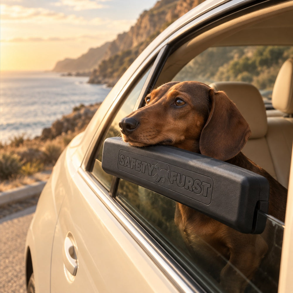 Dachshund resting on the PupRest window cushion during a coastal drive