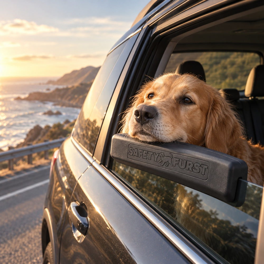 Golden retriever leaning on the PupRest window cushion at sunset