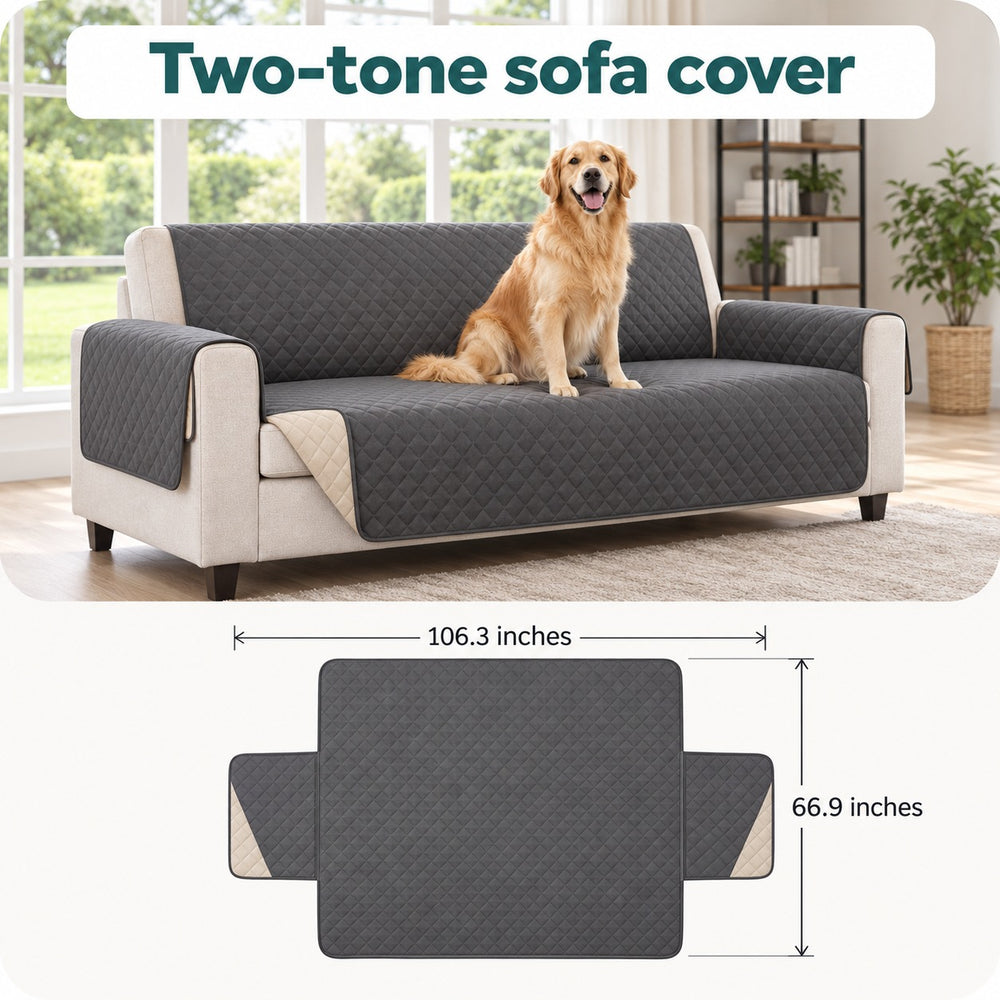 Couch Guard sofa cover shown in two tones with its dimensions