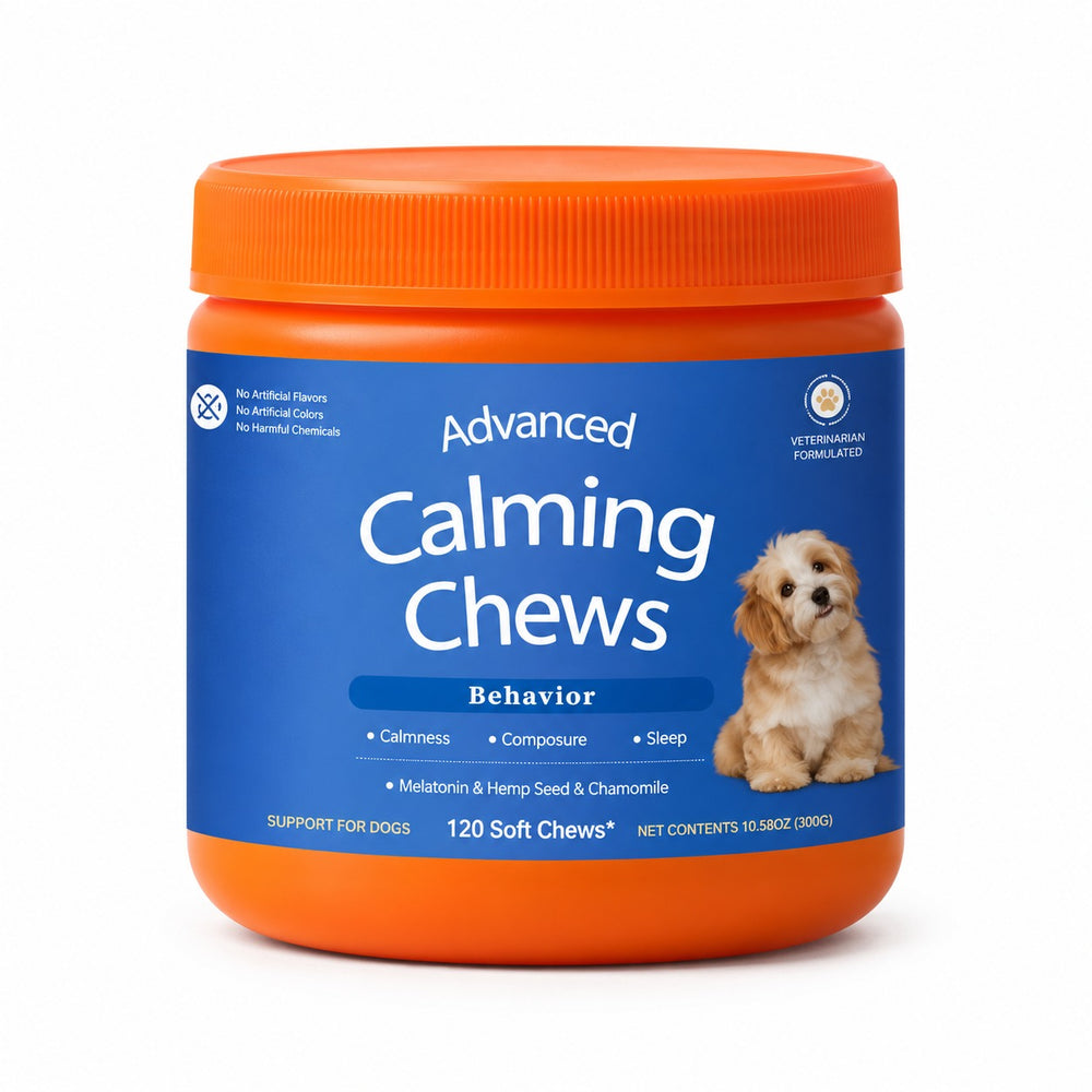 Calm Ride Advanced Calming Chews label — melatonin, hemp seed and chamomile, 120 soft chews