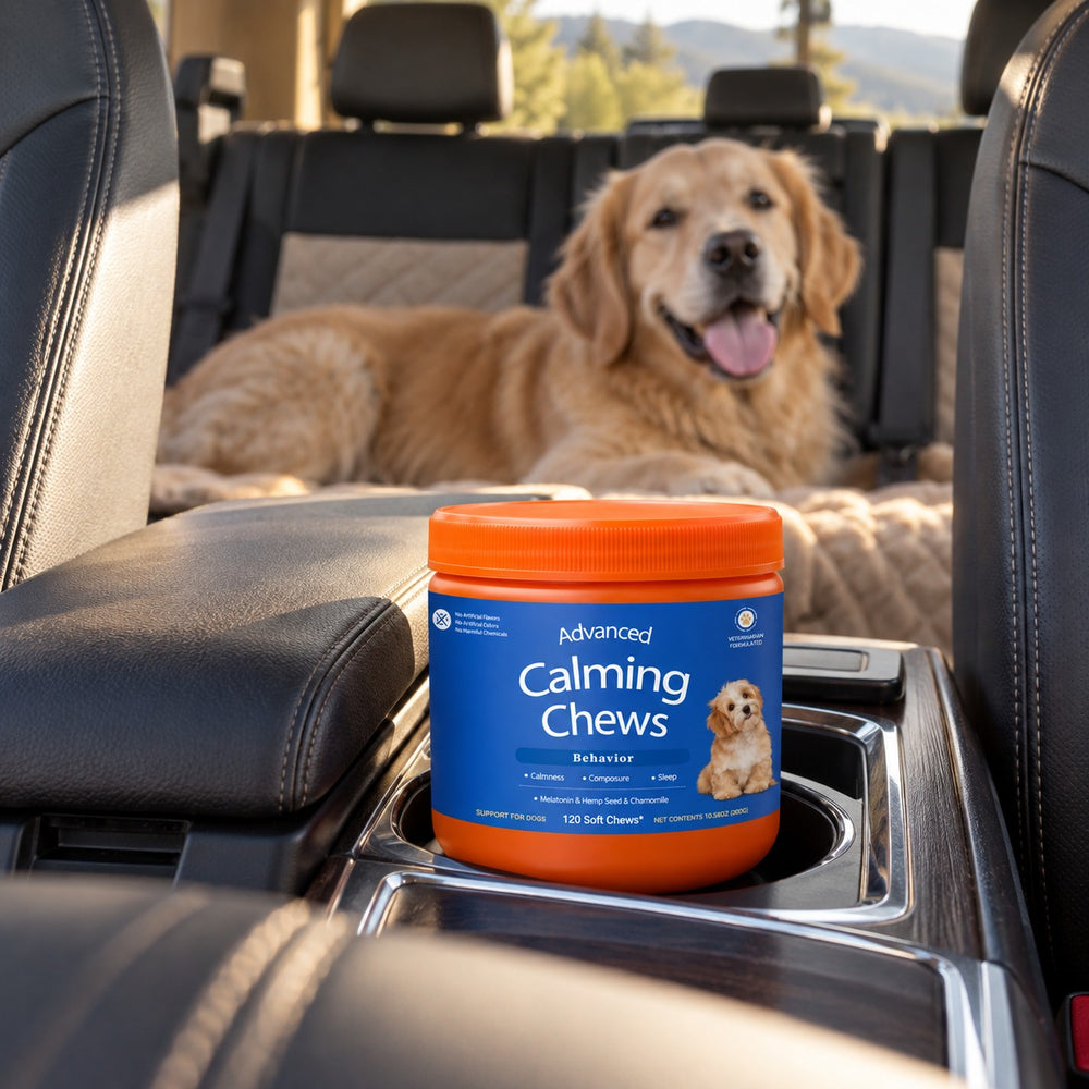 Calm Ride chews on a car console, ready for a road trip