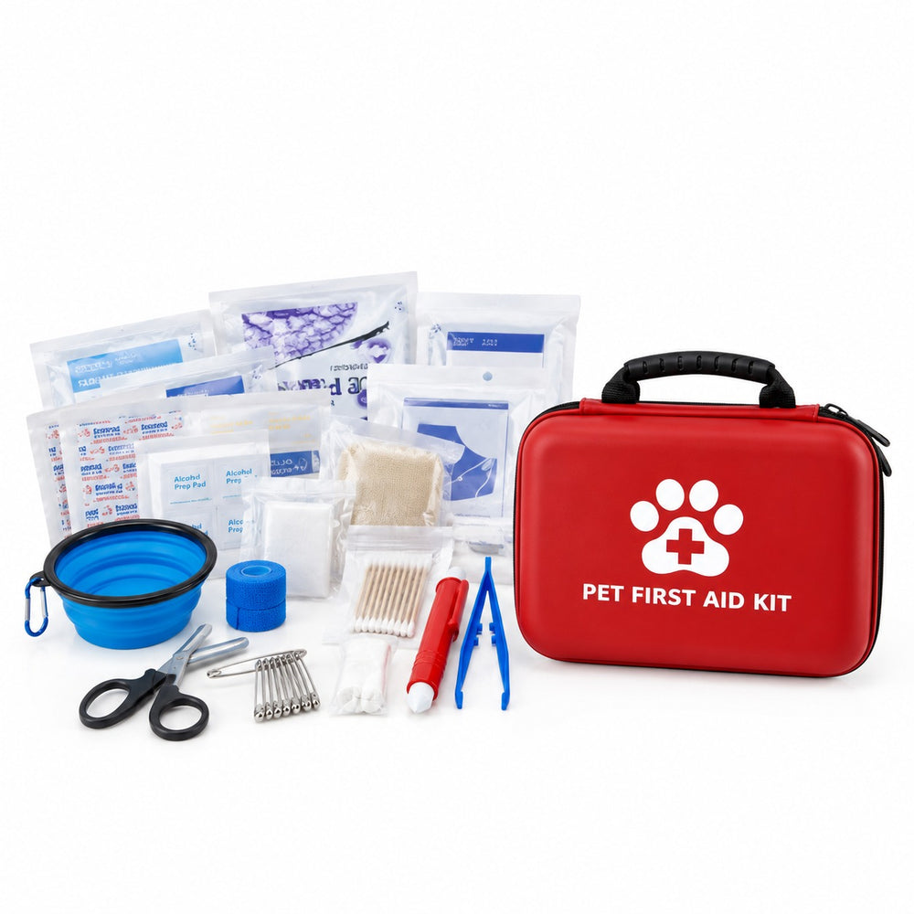Trail Ready dog first aid kit open with its full contents laid out