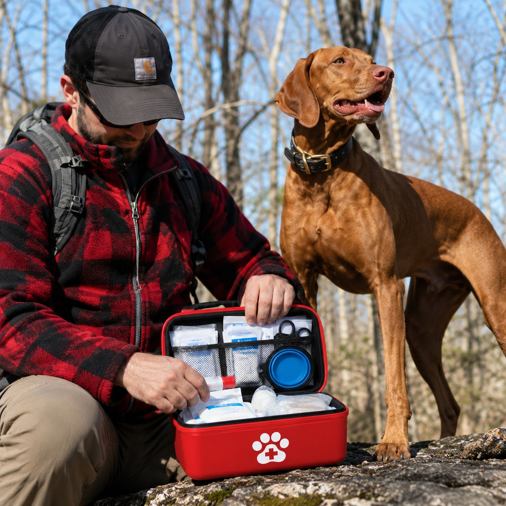 Treating a dog's paw on the trail with the Trail Ready first aid kit