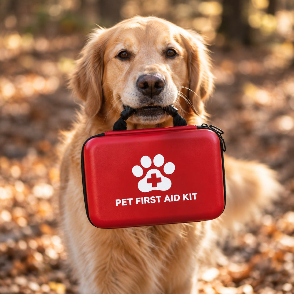 Golden retriever beside the Trail Ready dog first aid kit