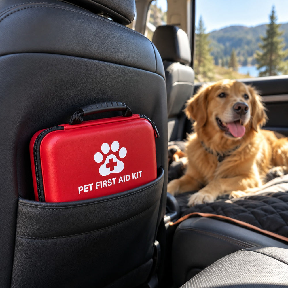 Trail Ready first aid kit stowed in a car seat-back pocket
