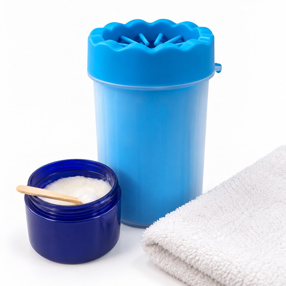PawWash cup with paw balm and a towel