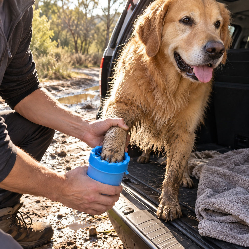 Cleaning a dog's paws with the PawWash cup at an open tailgate