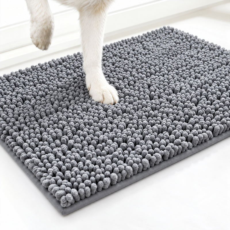 Dog paws on the MudStop chenille microfiber mat