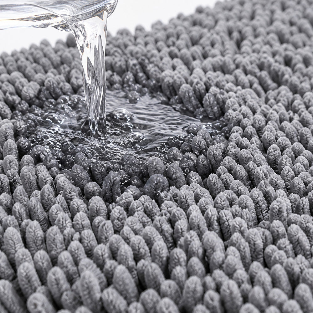 Macro shot of the MudStop chenille fibres absorbing water