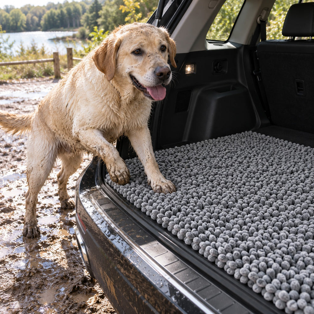 Labrador standing on the MudStop mat in an SUV cargo area