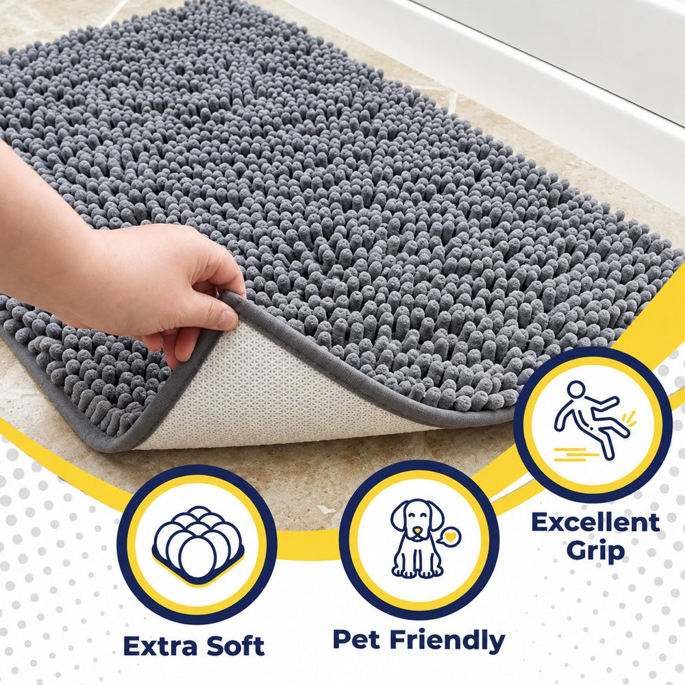 MudStop mat features — soft chenille pile and non-slip grip backing