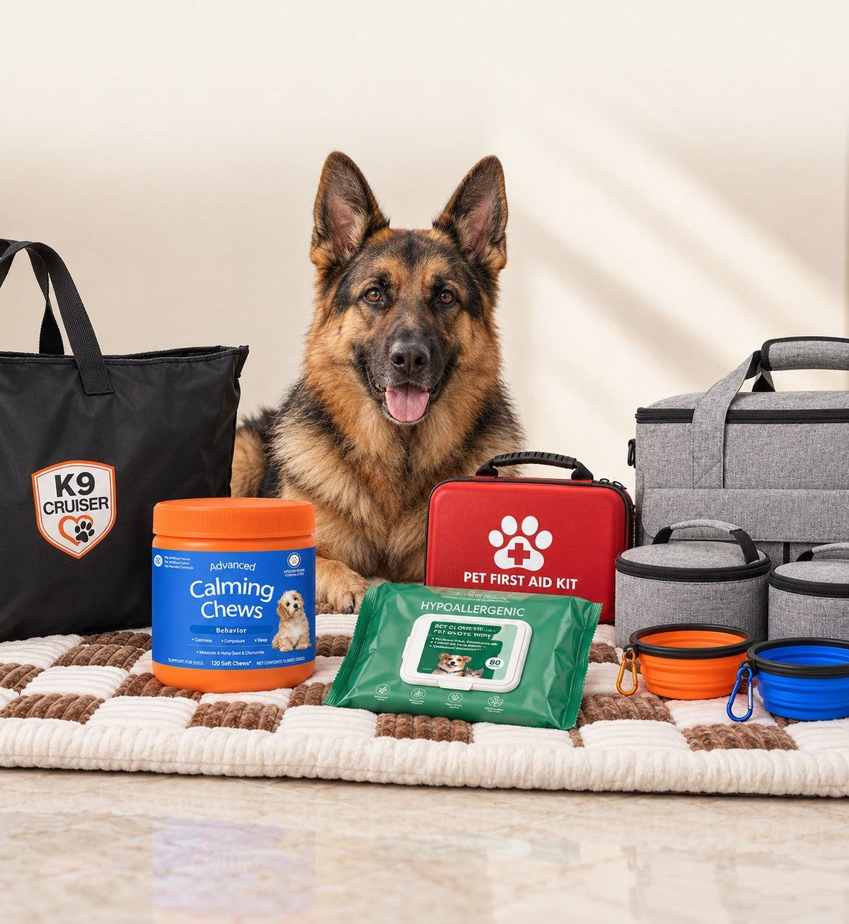 German Shepherd with the PetsVet bundle gear — K9 Cruiser carry bag, calming chews, first aid kit, glove wipes, PupPack travel set and collapsible bowls