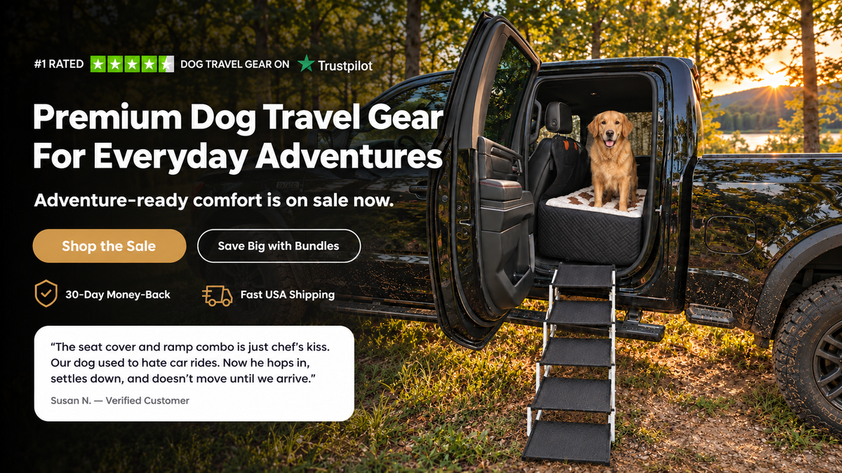 Premium dog travel gear for everyday adventures - golden retriever on a K9 Cruiser seat cover in a pickup truck with a folding ramp