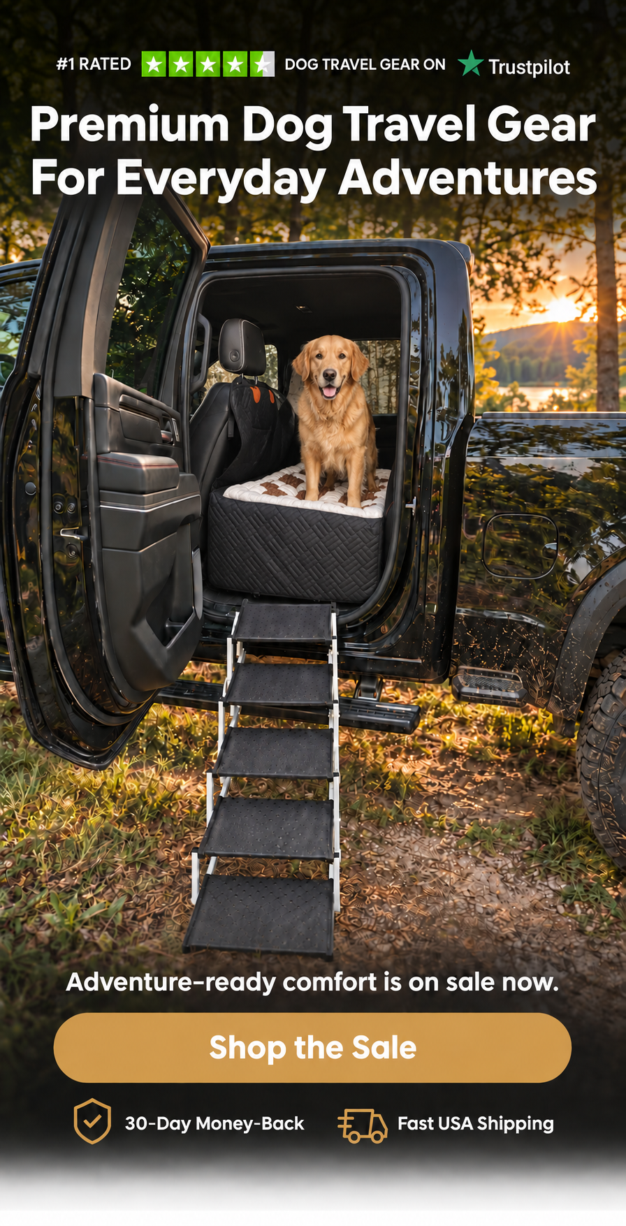 Golden retriever on a K9 Cruiser seat cover in a pickup truck with the PawStep ramp